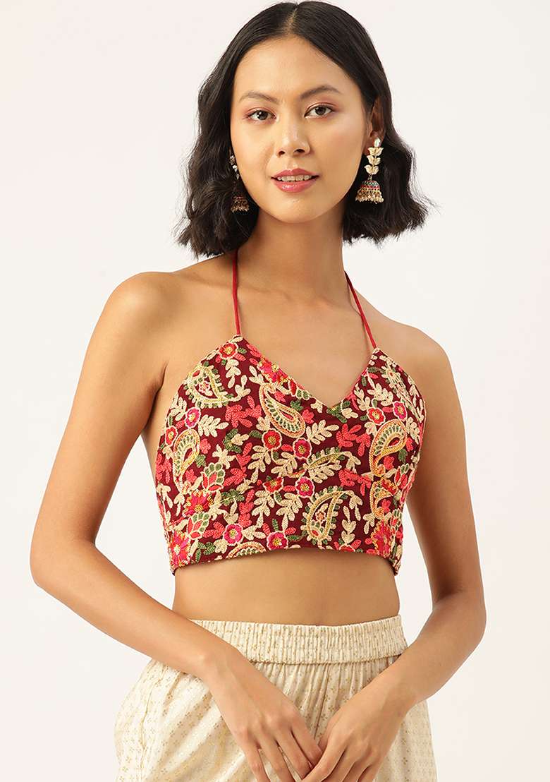 Red Embroidery Georgette Blouse - Indya