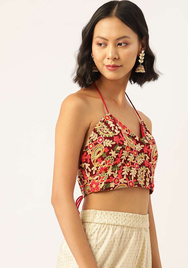 Red Embroidery Georgette Blouse - Indya