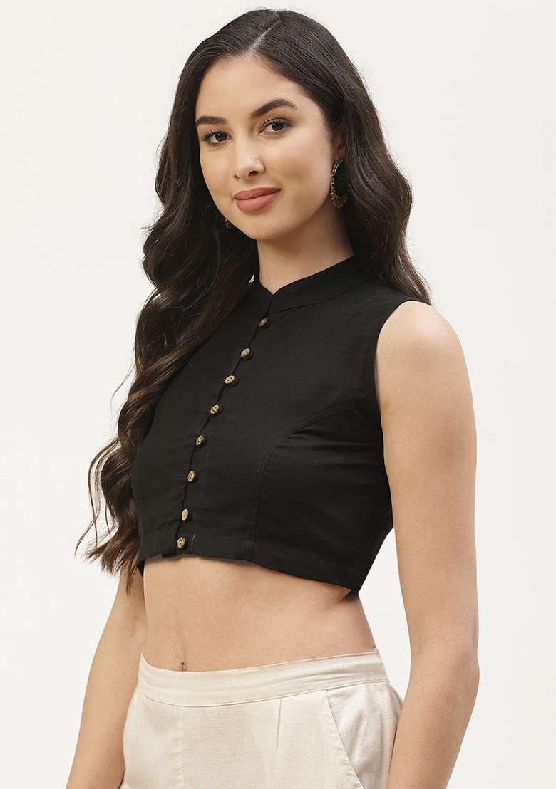 Black Solid Cotton Blouse - Indya