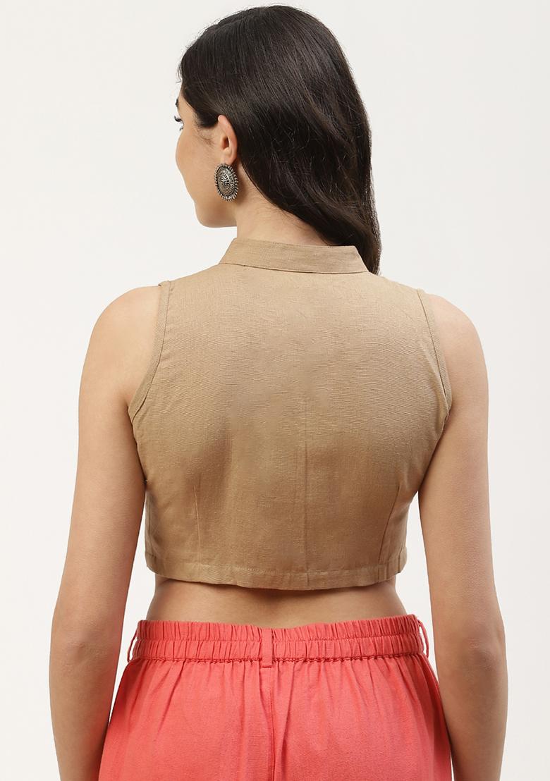 Beige Solid Cotton Blouse - Indya