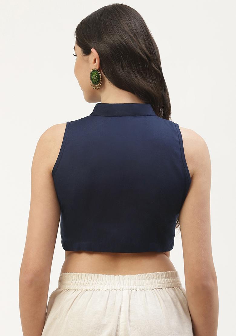 Blue Solid Cotton Blouse - Indya