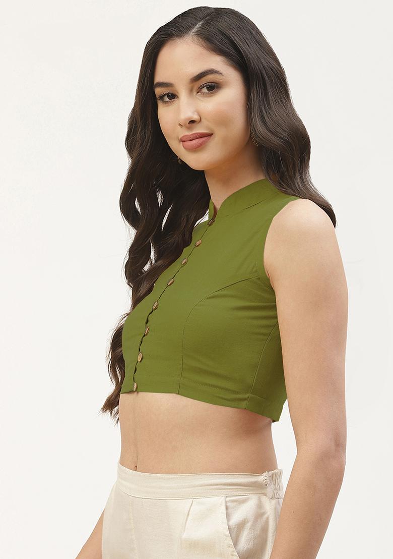 Olive Solid Cotton Blouse - Indya