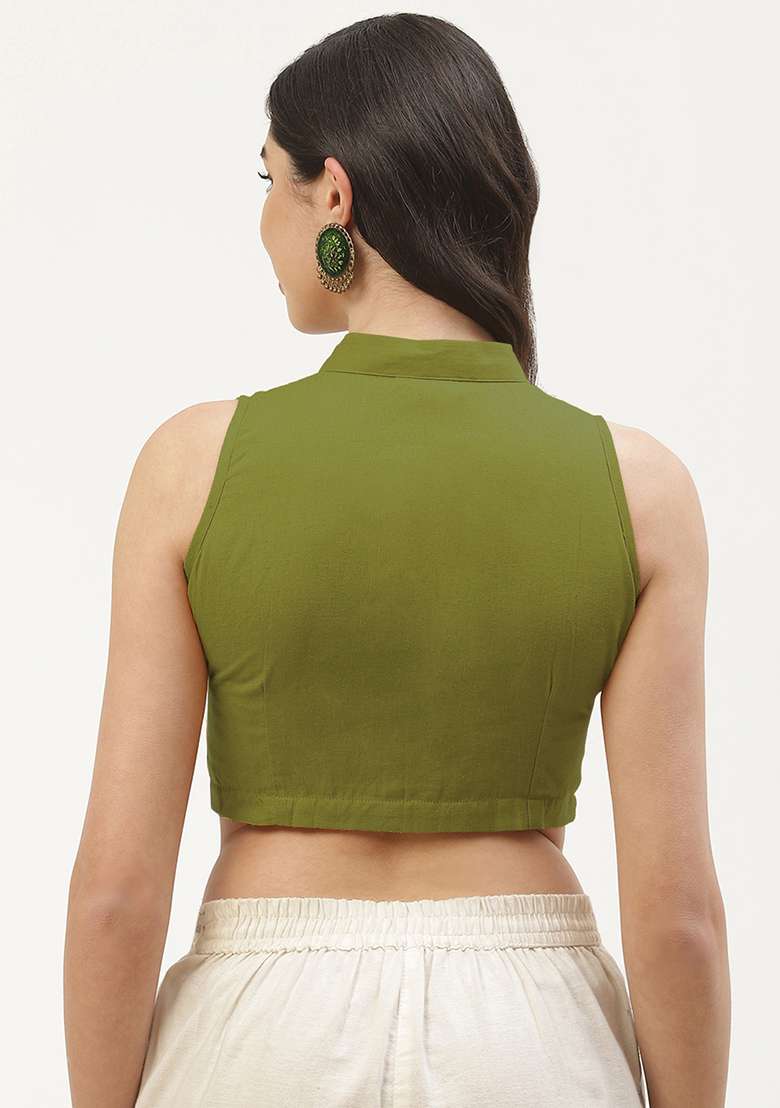 Olive Solid Cotton Blouse - Indya
