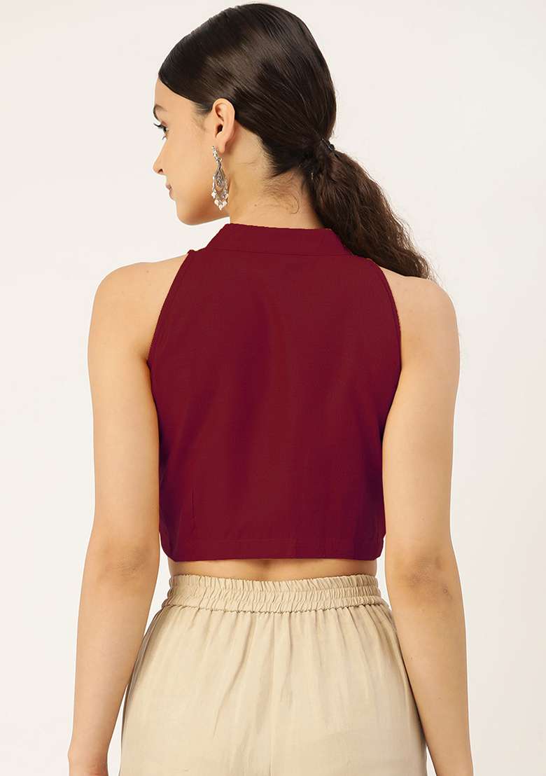 Maroon Solid Cotton Blouse - Indya