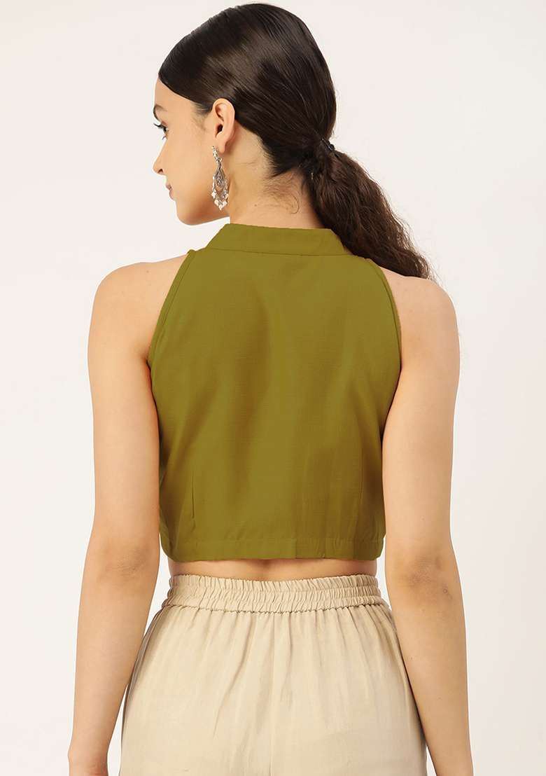 Olive Solid Cotton Blouse - Indya