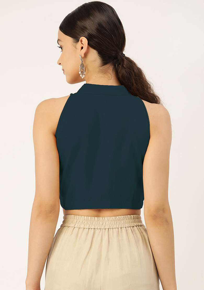 Teal Solid Cotton Blouse - Indya