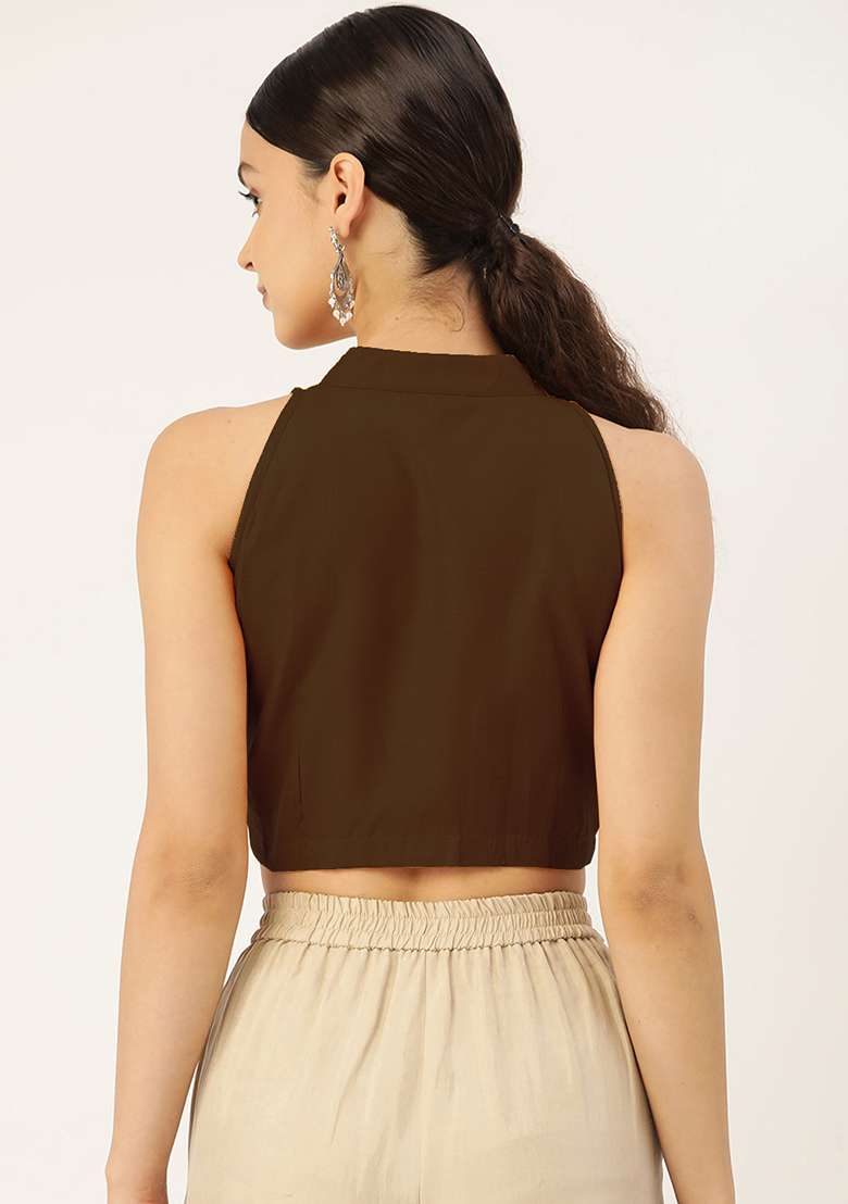 Brown Solid Cotton Blouse - Indya