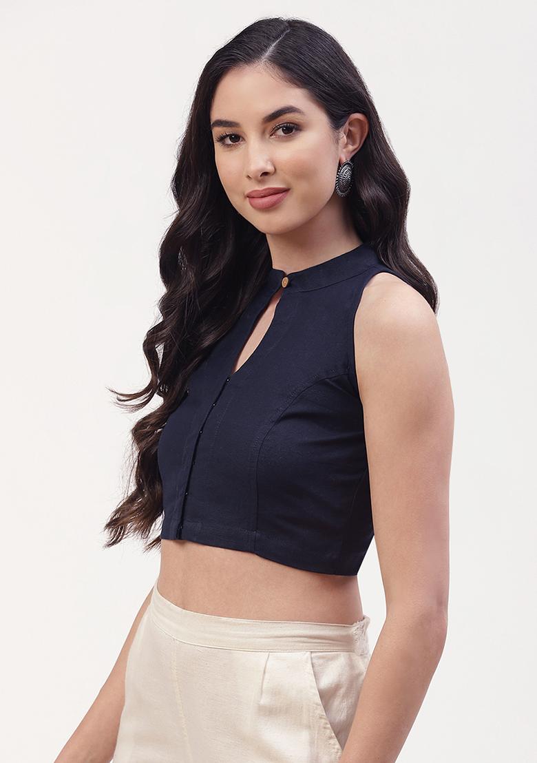 Blue Solid Cotton Blouse - Indya