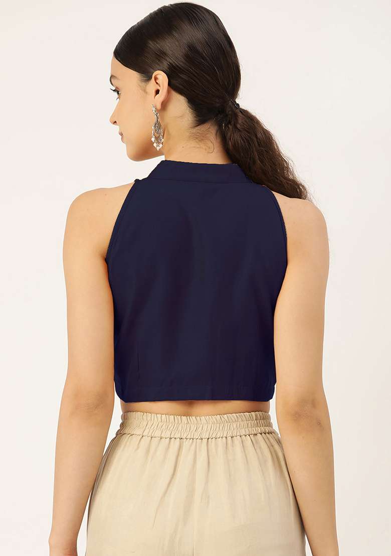Blue Solid Cotton Blouse - Indya