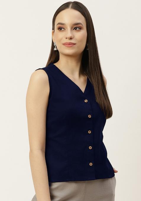 Blue Solid Cotton Blouse