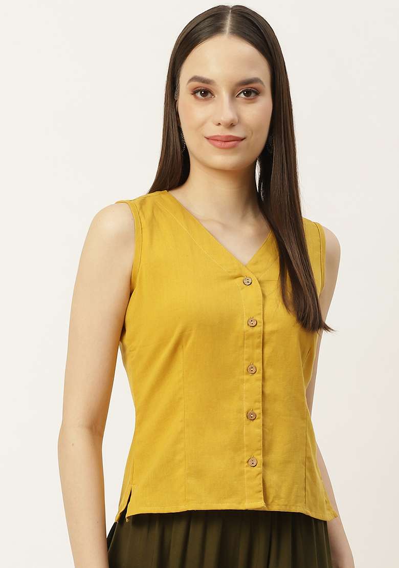 Mustard Solid Cotton Blouse - Indya