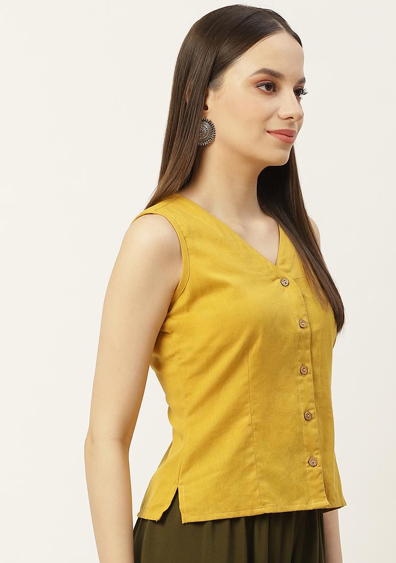 Mustard Solid Cotton Blouse - Indya