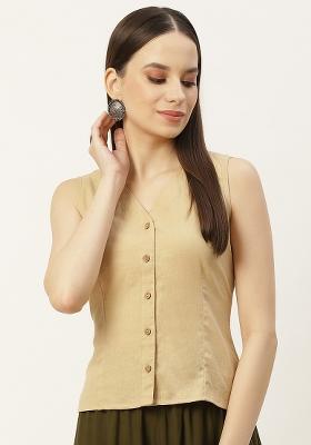 Beige Solid Cotton Blouse