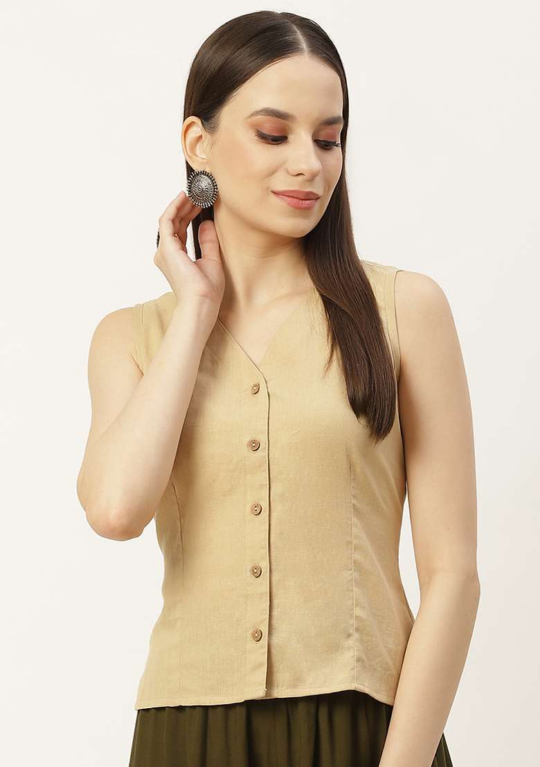 Beige Solid Cotton Blouse - Indya