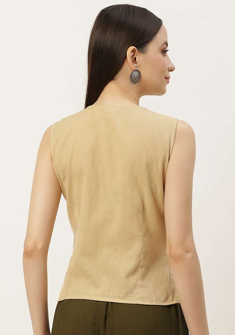 Beige Solid Cotton Blouse - Indya