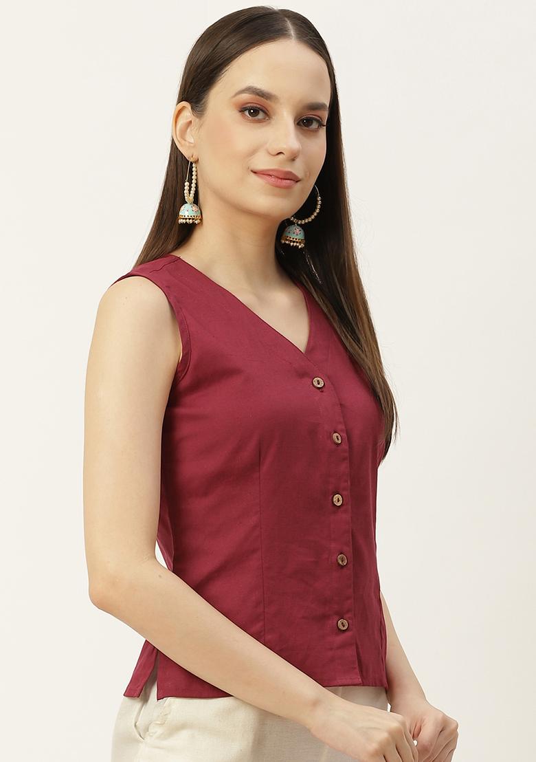 Maroon Solid Cotton Blouse - Indya