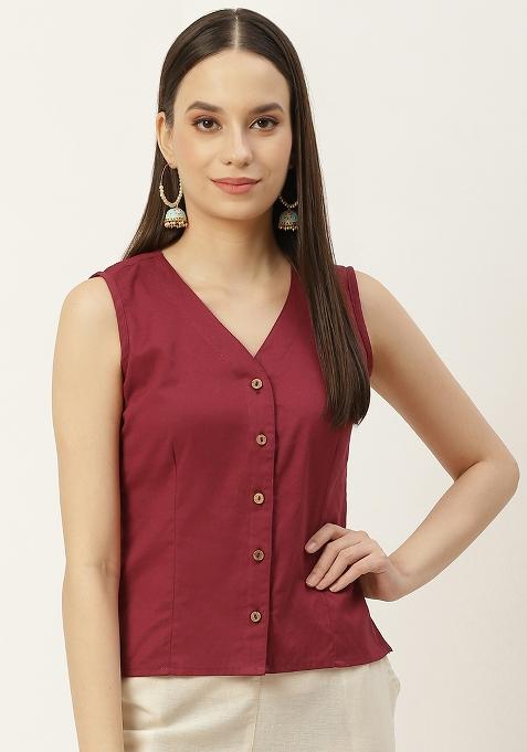Maroon Solid Cotton Blouse