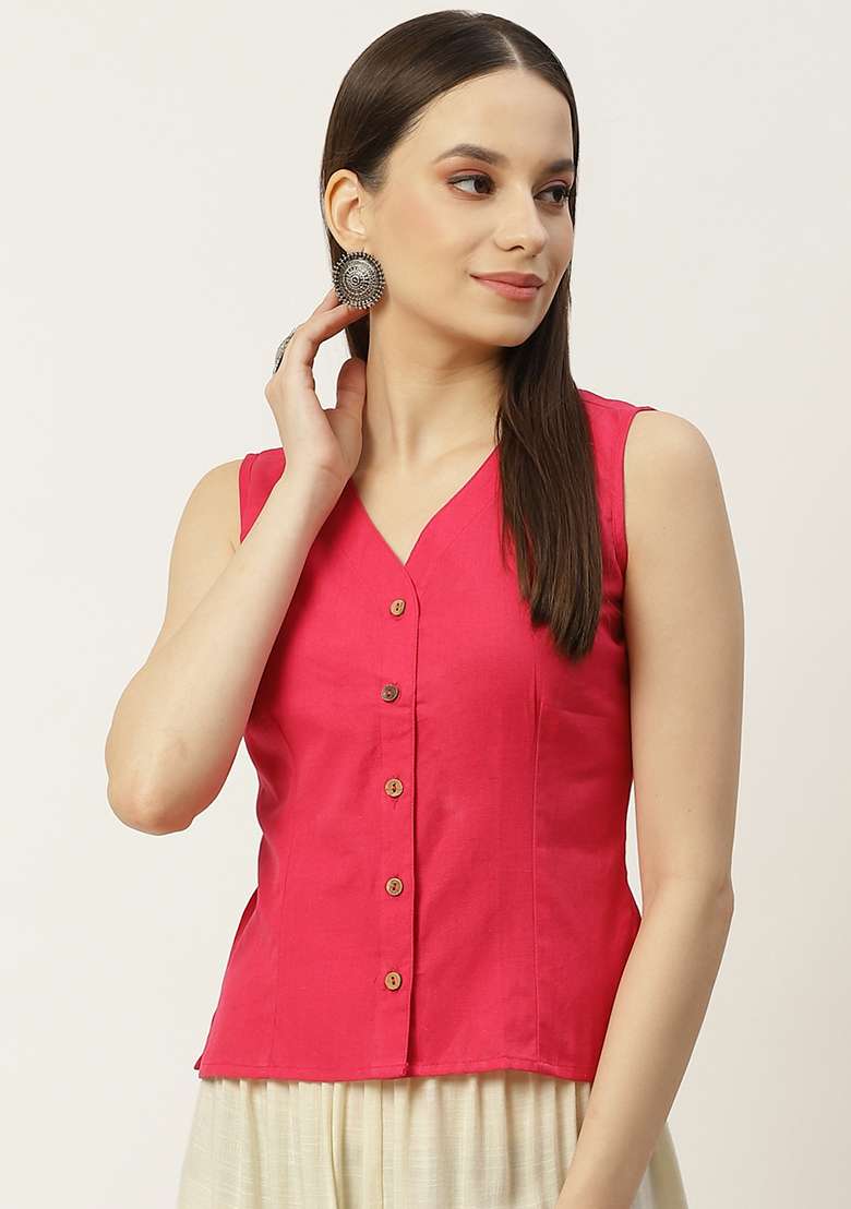 Pink Solid Cotton Blouse - Indya