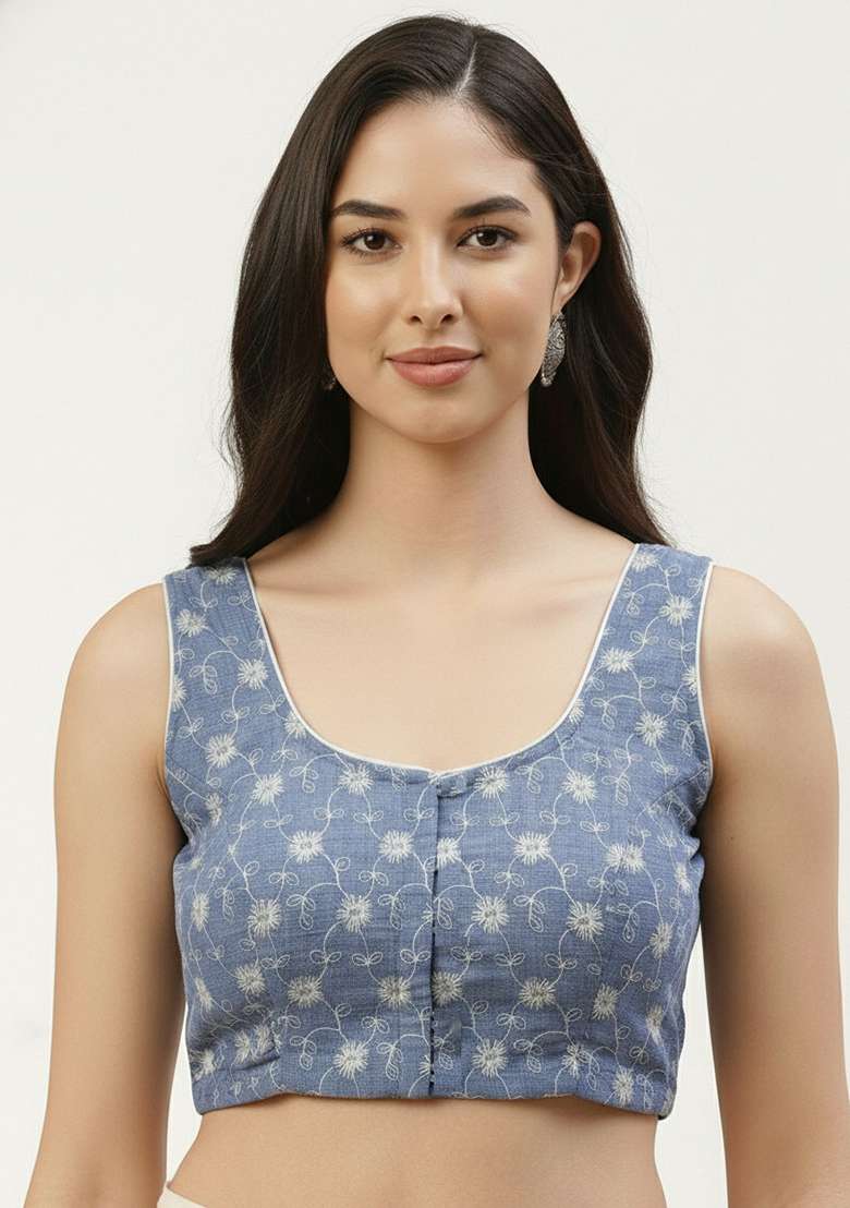Blue Embroidery Cotton Blouse - Indya