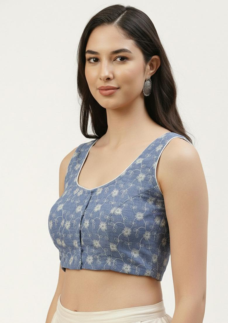 Blue Embroidery Cotton Blouse - Indya