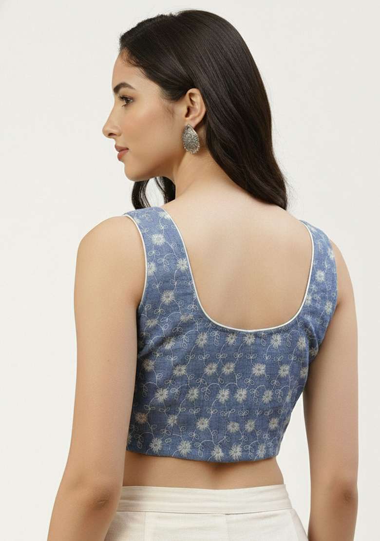 Blue Embroidery Cotton Blouse - Indya