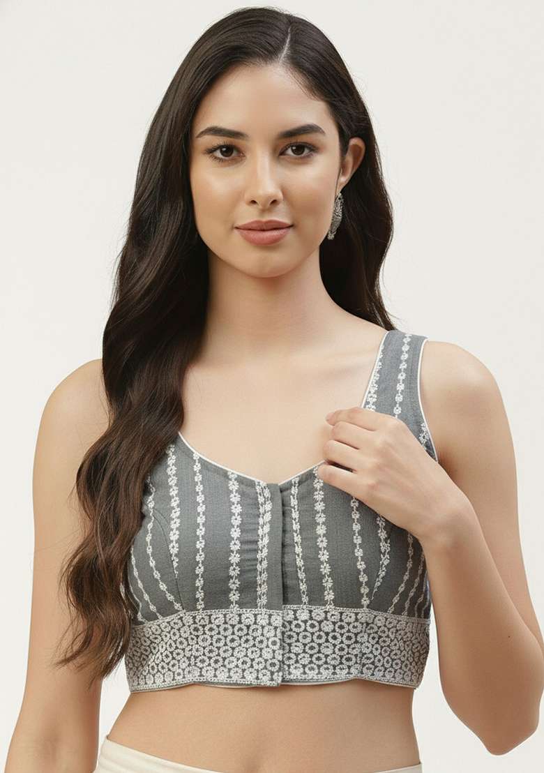 Grey Embroidery Cotton Blouse - Indya