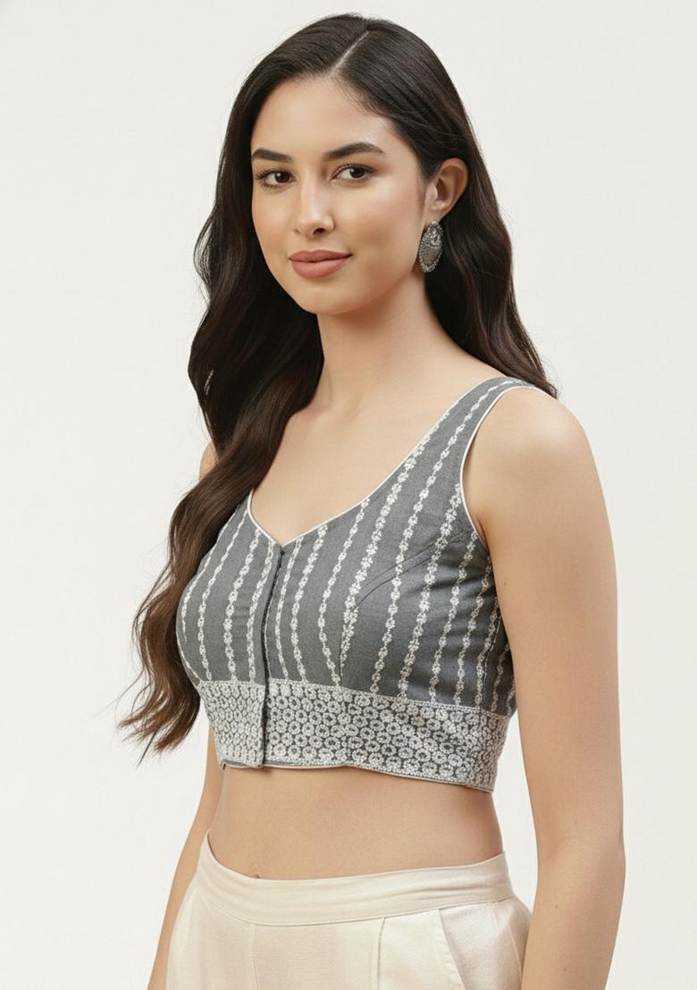 Grey Embroidery Cotton Blouse - Indya