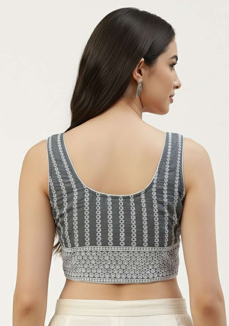 Grey Embroidery Cotton Blouse - Indya