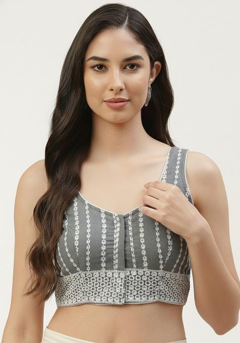 Grey Embroidery Cotton Blouse