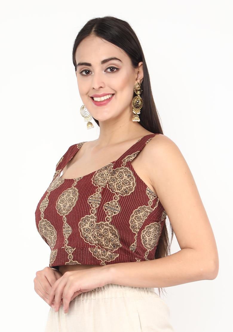 Maroon Printed Cotton Blouse - Indya