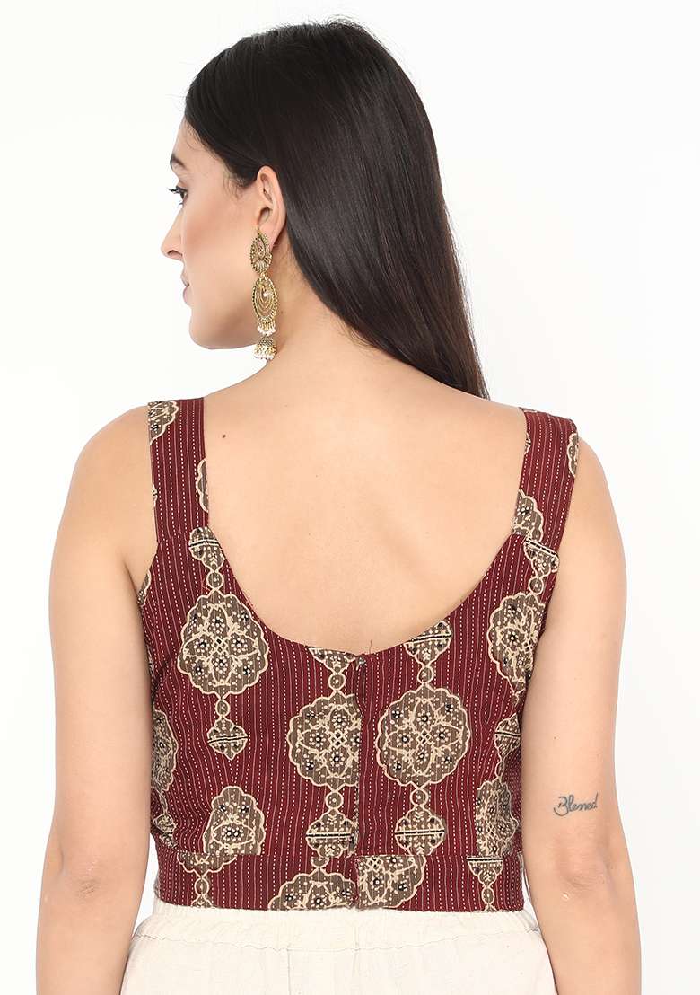 Maroon Printed Cotton Blouse - Indya