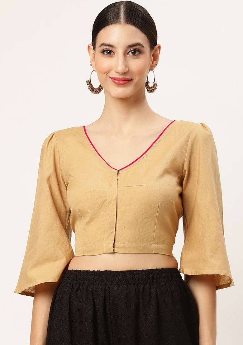 Beige Solid Cotton Blouse - Indya
