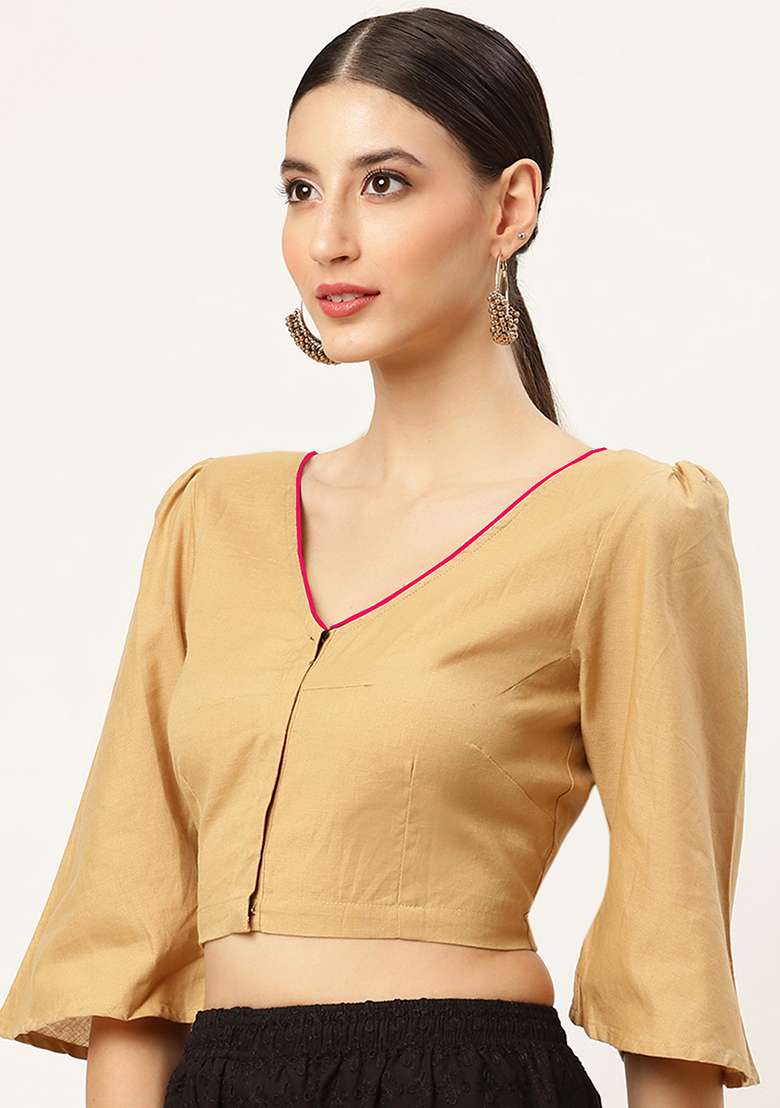 Beige Solid Cotton Blouse - Indya