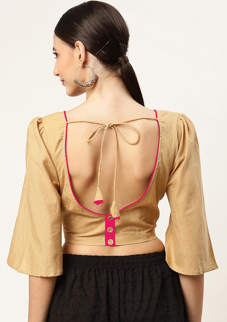 Beige Solid Cotton Blouse - Indya