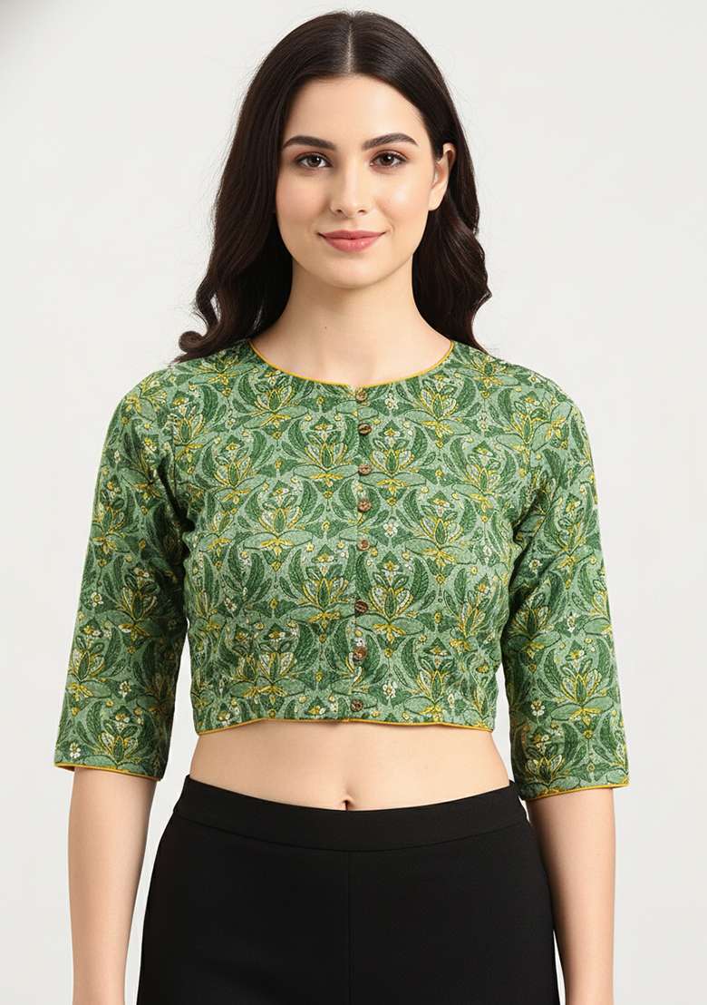 Green Printed Cotton Blouse - Indya