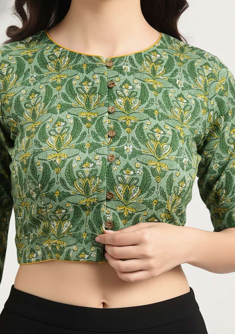 Green Printed Cotton Blouse - Indya