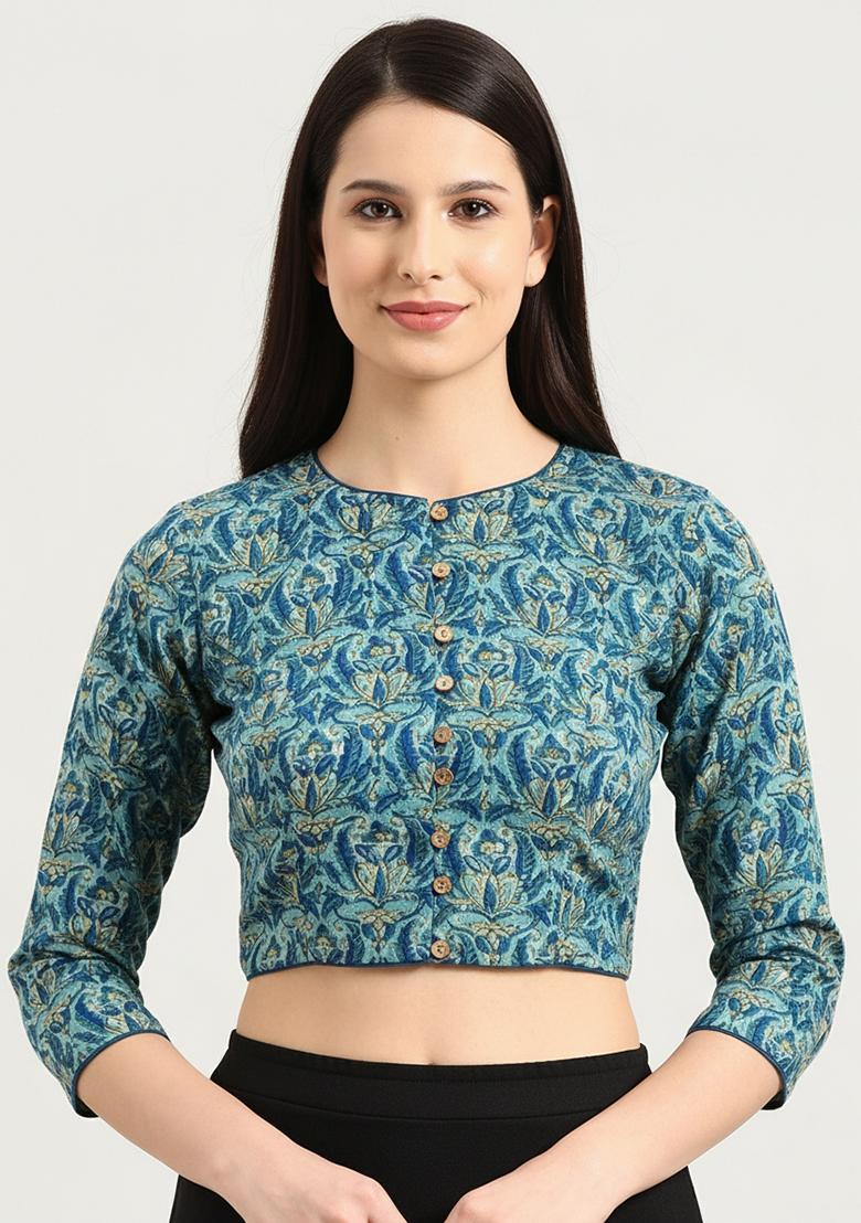 Green Printed Cotton Blouse - Indya
