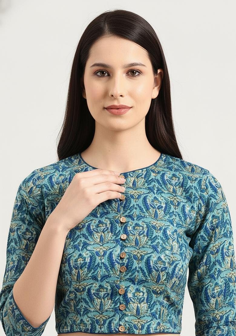 Green Printed Cotton Blouse - Indya