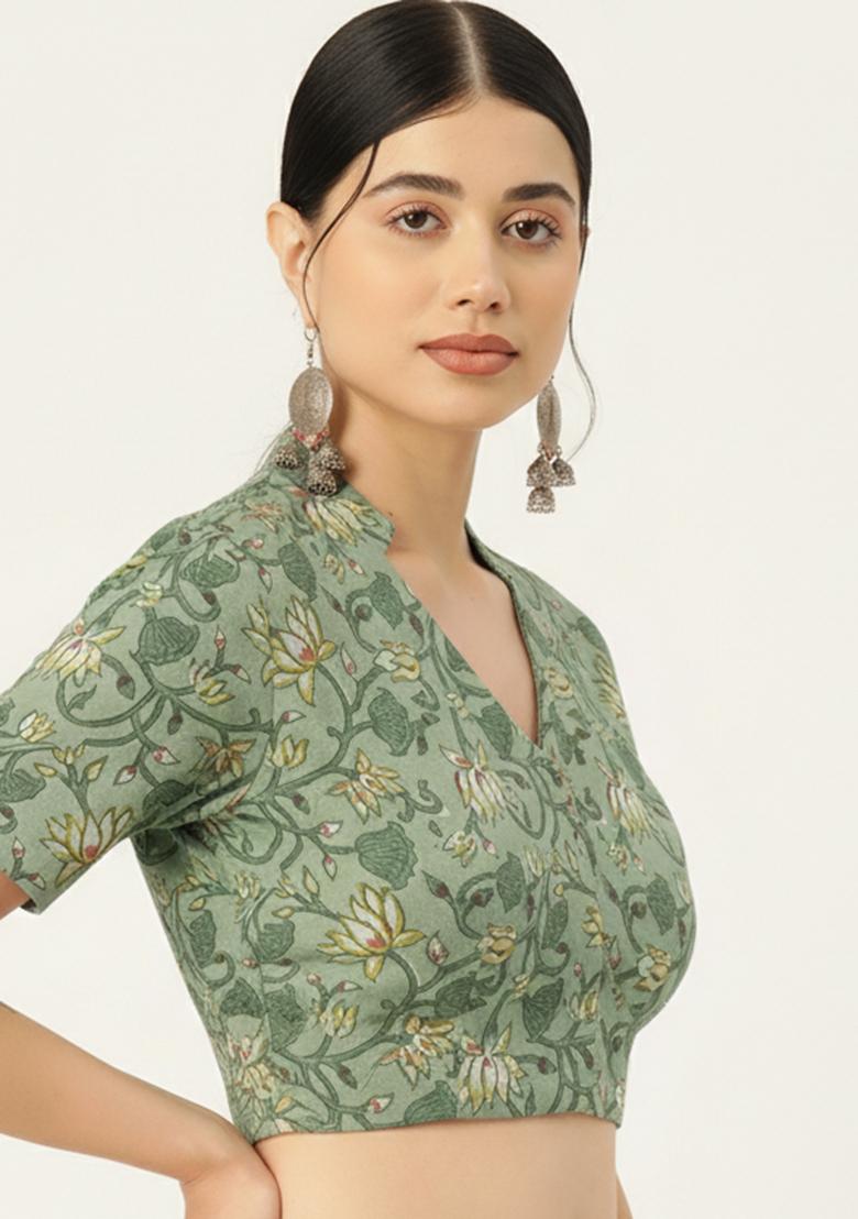 Green Printed Cotton Blouse - Indya