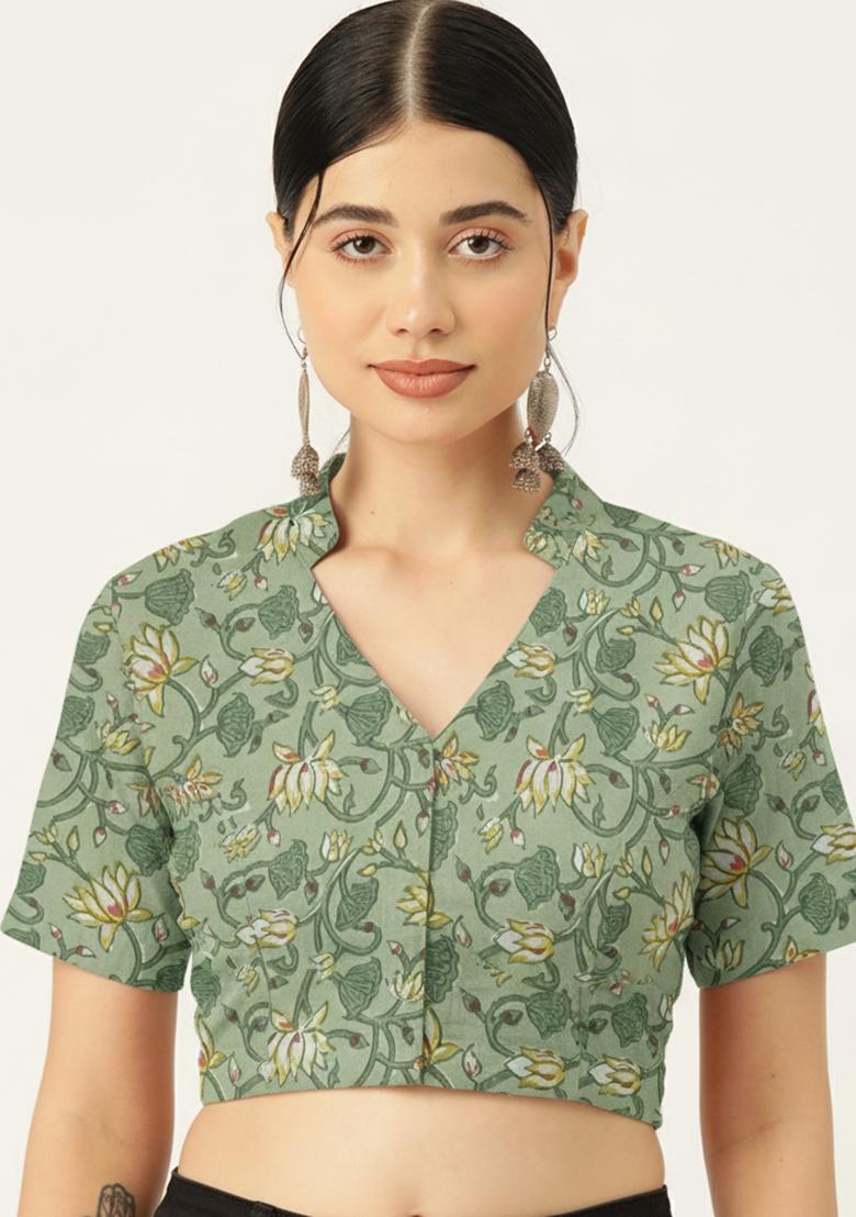 Green Printed Cotton Blouse - Indya