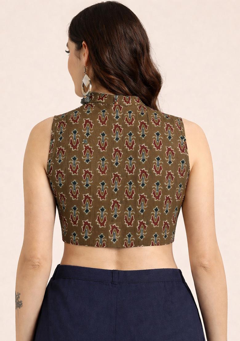 Brown Printed Cotton Blouse - Indya