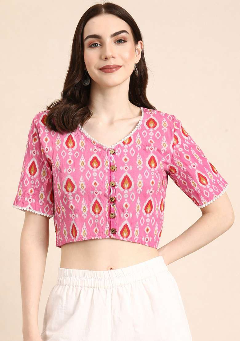 Pink Printed Cotton Blouse - Indya