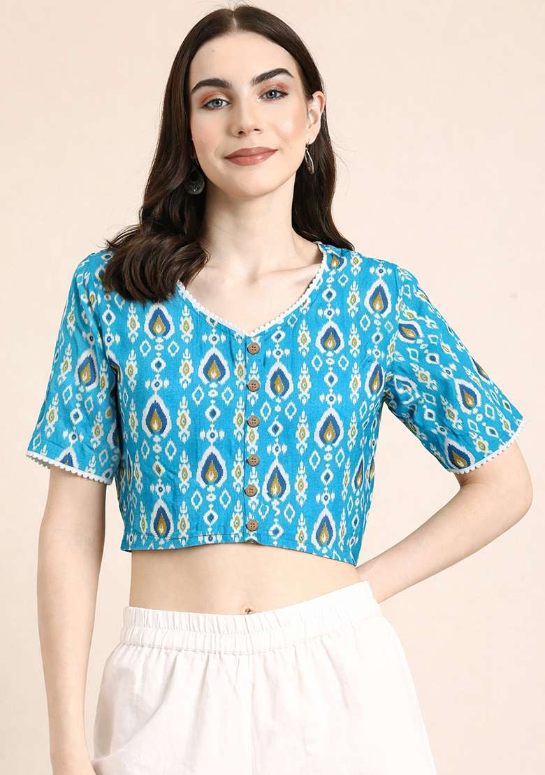 Blue Printed Cotton Blouse - Indya
