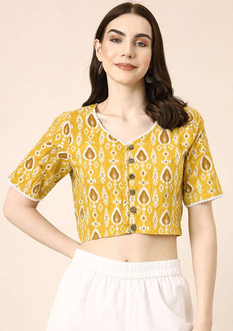 Yellow Printed Cotton Blouse - Indya
