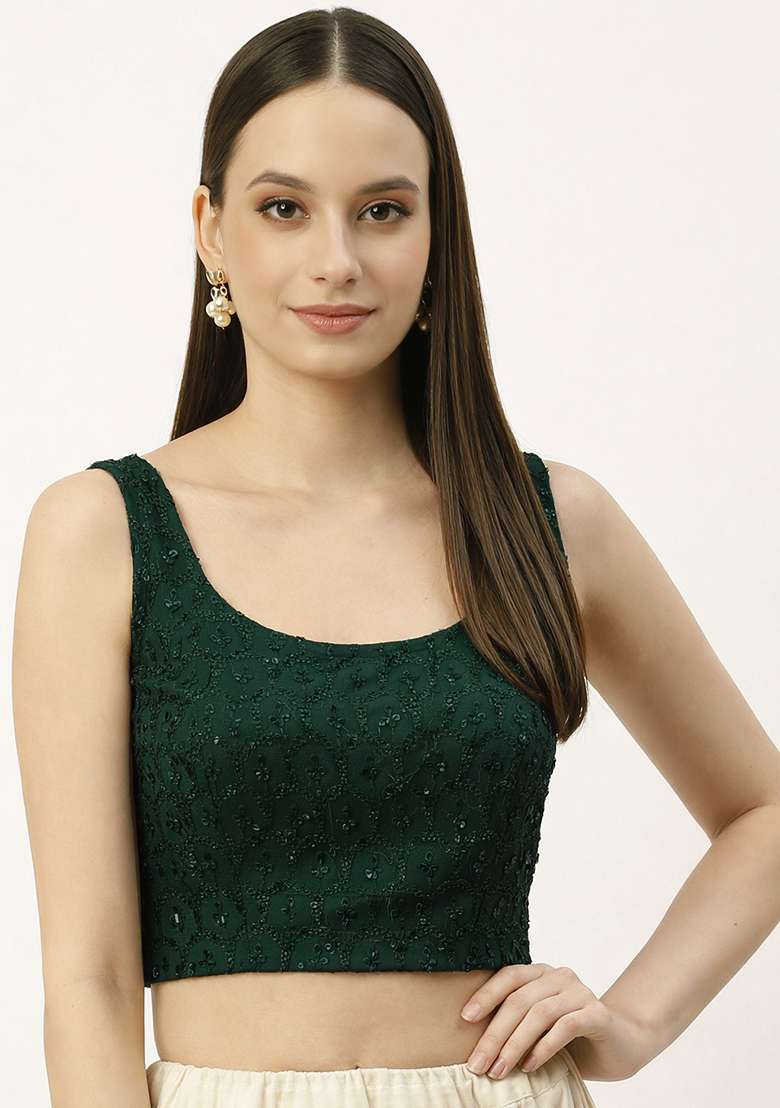Green Embroidery Rayon Blouse - Indya