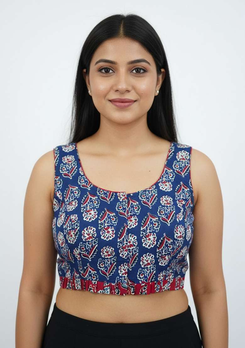 Blue Printed Cotton Blouse - Indya