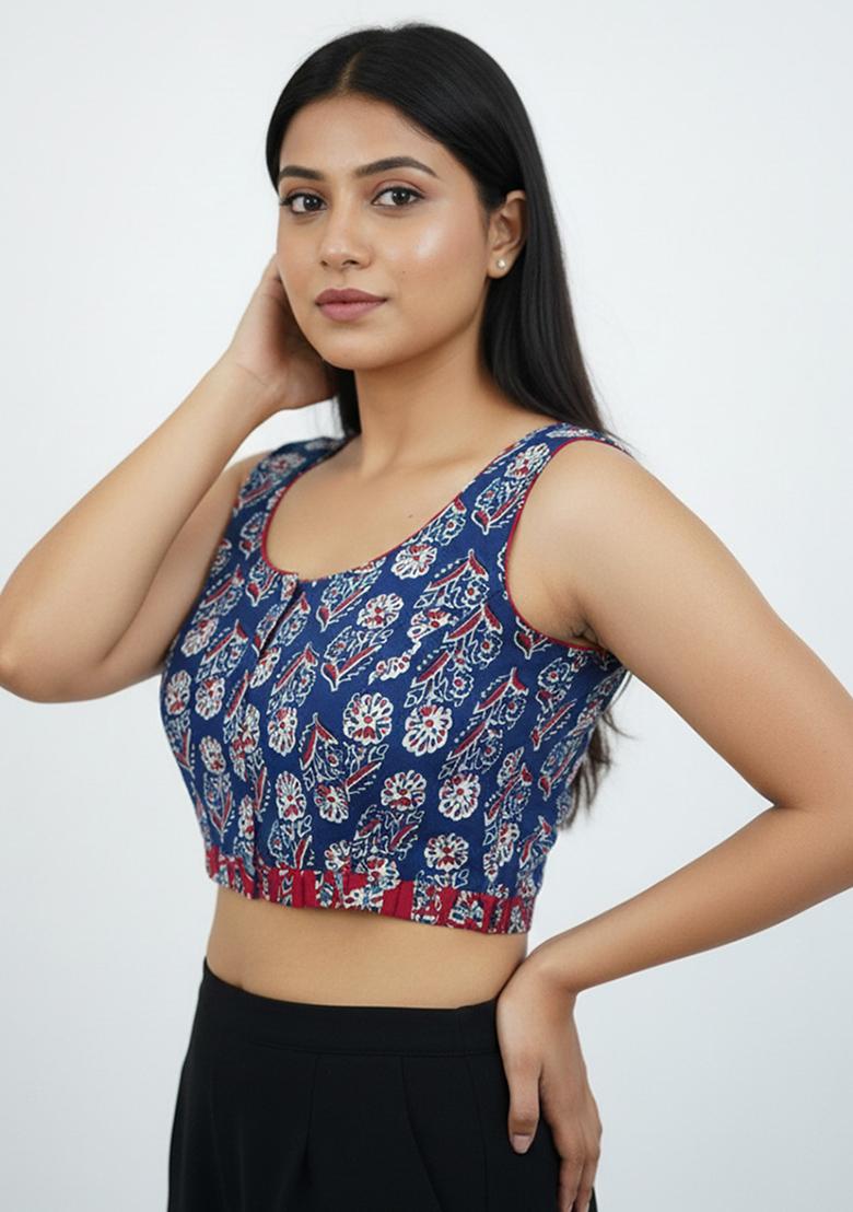 Blue Printed Cotton Blouse - Indya
