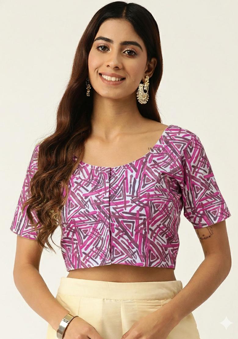 Pink Printed Cotton Blouse - Indya