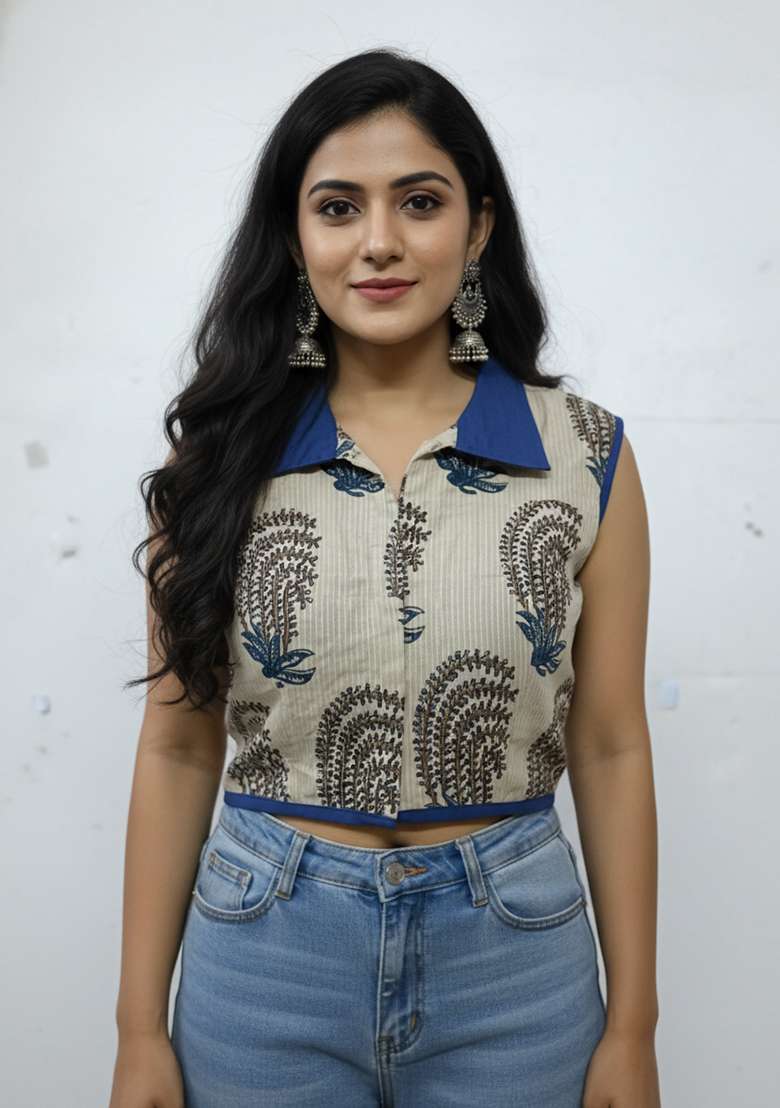 White Printed Cotton Blouse - Indya