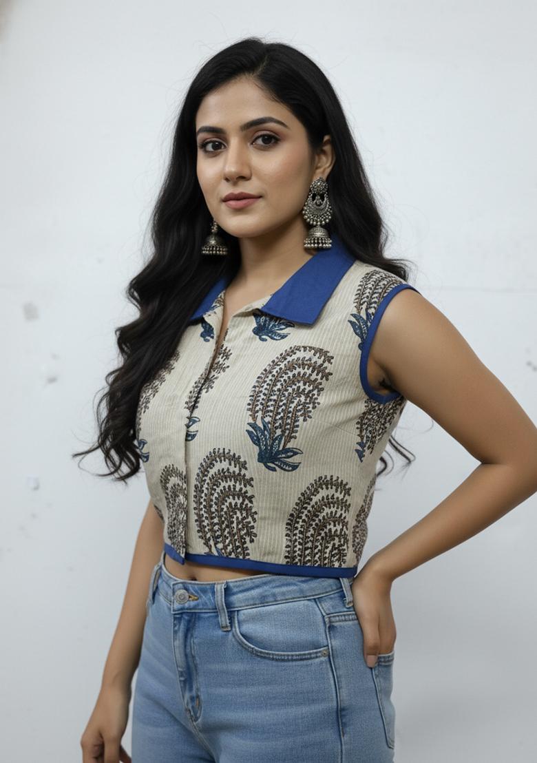 White Printed Cotton Blouse - Indya